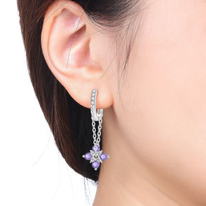 Nuevos y populares pendientes de cadena con diseño de jardín, de latón blanco, con circonita de corte redondo y flor morada, para mujer - Product Image 2