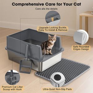 Caja de arena para gatos de acero inoxidable con lados altos y tapa abierta, con pala para arena y tapete para arena. - Product Image 4