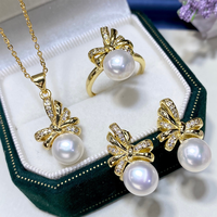 Ensemble de bijoux de perles d'eau douce en forme de bouton fait à la main pour femmes, bague et collier