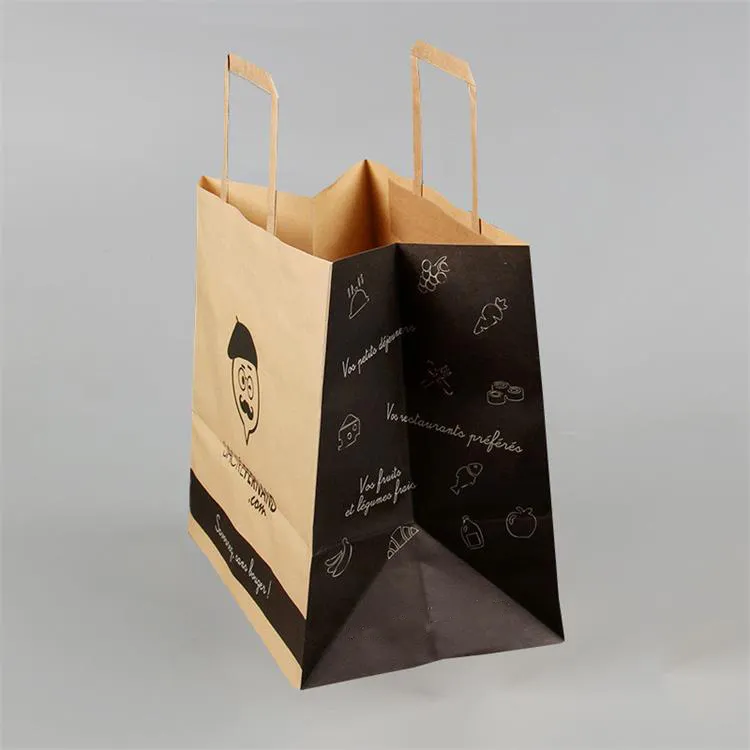 Design personalizzato il tuo logo maniglia piatta consegna del ristorante estrarre l'imballaggio trasportare il sacchetto di carta per alimenti da asporto kraft marrone
