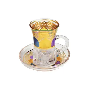 Deluxe Kitchen Glassware 12 Pcs tea coffee Cups sets Golden Drinking Glass Turkey Tumblers Set 6 pcs cups and 6 pcs saucers