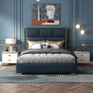 Cama King Size de Cuero Genuino Azul Montgomery de 1.8 M, Cama de Cuero Italiana Moderna de Lujo FD-007 - Product Image 1