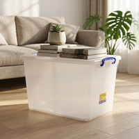 Boîte de rangement en plastique semi-transparente PP de 85 L avec couvercle et poignée, organiseur de linge pour couvertures, linge de maison et rangement domestique