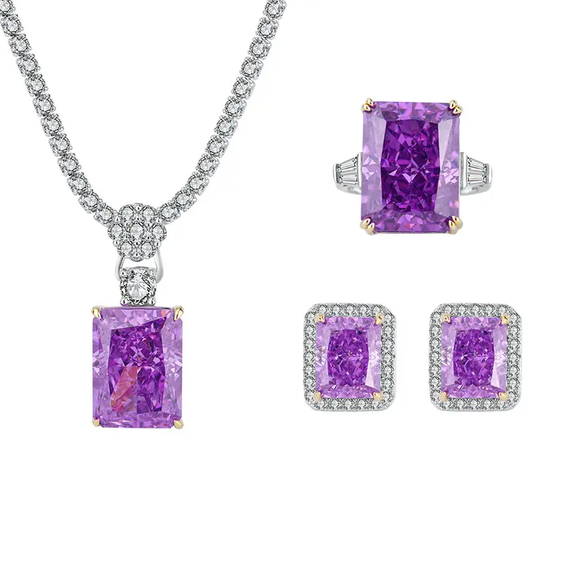 Wholesale Jewelry set 3 pcs 925 Sterling Silver Radiant Cut Padparadscha sapphire gemstone Necklace/Earrings/Ring Sets