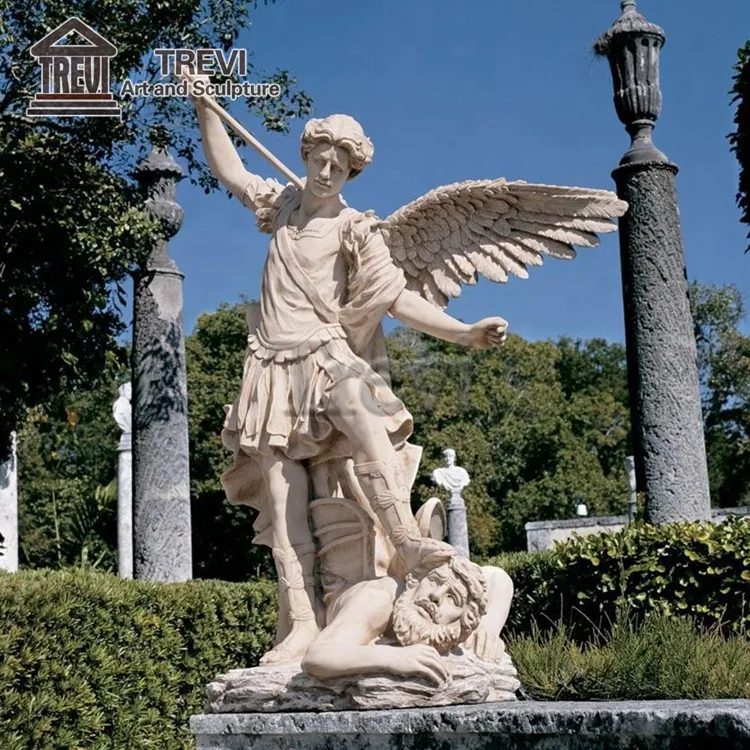 Escultura alada de mármol blanco grande, estatua de Ángel guardián, Arcángel