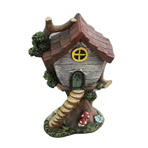 Hand painted Thatched Roof Tree House with Deck and Ladder Garden Statue, Fairy Cottage, Resin, Solar Powered, 10"L x 8"W x 12"H