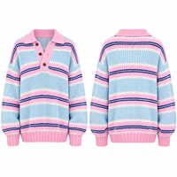 Pull en tricot surdimensionné à col polo et épaules tombantes pour femme, en mélange acrylique personnalisé, à rayures pastel, pour l'hiver
