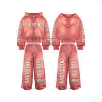 Ensemble survêtement et sweat à capuche personnalisé avec strass pour homme, coupe oversize, effet délavé, zippé, style vintage, poids lourd