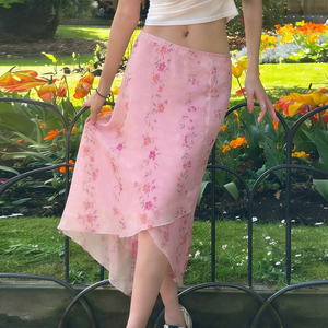 Falda Larga Asimétrica con Estampado Floral y Volantes, Estilo Suave, Ligera y Fresca, de Malla Transparente, para Vacaciones de Verano - Product Image 3