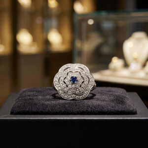 <b>Art</b> Palace Flower Shape Cocktail Ring with Sapphire Center and <b>Diamond</b> Pave Setting for Women 925 Silver Classic Style Wedding - Product Image 4