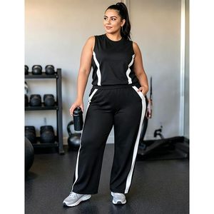 FOXA Women's Plus Size 2 Piece Outfit Sleeveless Tank Top Wide Leg Pants Side Stripe Summer Casual Lounge <b>Set</b> - Product Image 2