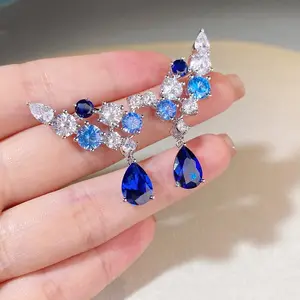 Luxe Hoge Kwaliteit Dame Banket Feest Aquamarijn Zirkonen Edelsteen Diamant Ontwerper Mode Sterling Zilveren Oorknopjes