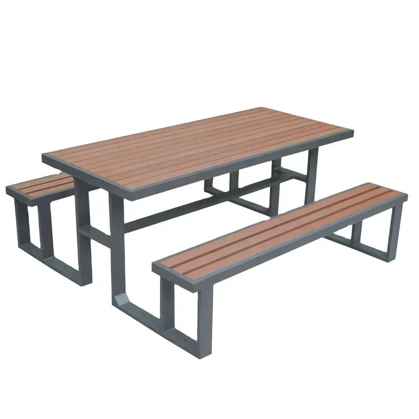 Table d'extérieur pour restaurant avec 2 bancs, table de pique-nique longue en bois, publique, commerciale, ensembles de meubles de jardin en plein air