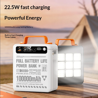 Batterie externe multi-ports Super 100000 mAh pour l'extérieur avec lampe de camping, 3 câbles, charge rapide PD 22,5 W, chargeur durable et longue durée
