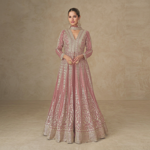 Conjunto de Kurta Anarkali Rosa para Mujer, con Palazzo y Dupatta, Bordado, Estilo Indio-Pakistaní, para Bodas, de Secado Rápido - Product Image 1