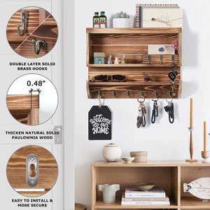 Estante de almacenamiento de madera maciza para montar en la pared, organizador de ganchos para llaves de dos capas para entrada, baño, sala de estar - Product Image 2