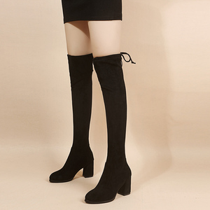 Bottines longues élégantes et fines, au-dessus <span class=keywords><strong>du</strong></span> <span class=keywords><strong>genou</strong></span>, avec talons épais, <span class=keywords><strong>en</strong></span> tissu suédé élastique et lacets à la pointe. - Product Image 1