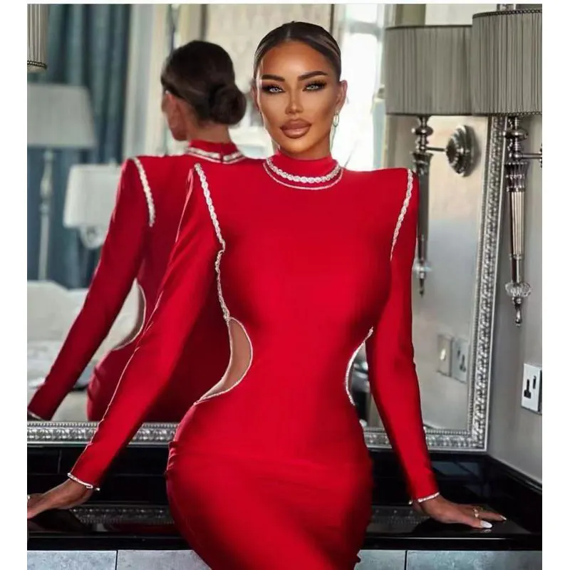 C3348 New Style Red Slim Waist Hollowed Out White Pleated Edge Pearl Design Hip Women Sexy Solid Bodycon Dresses