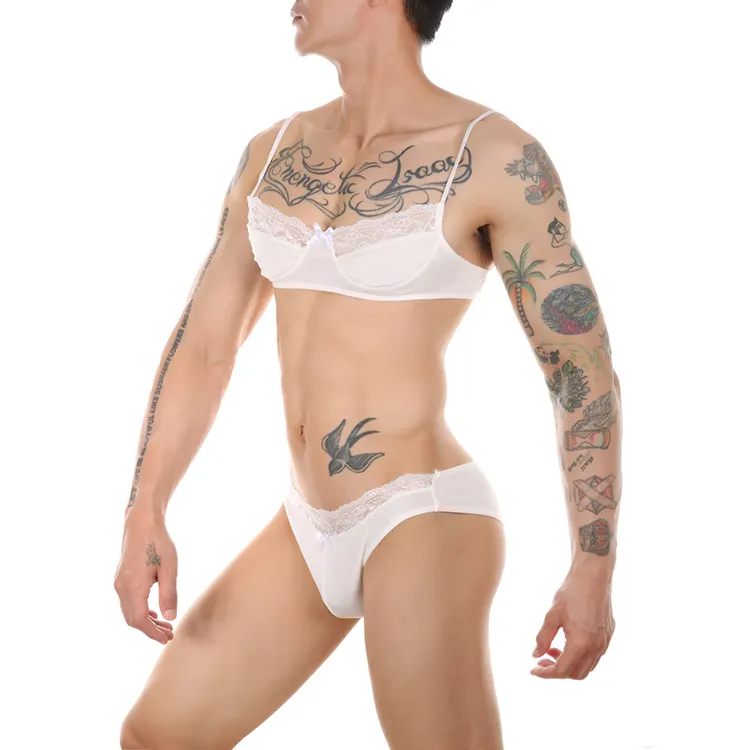 Hot Men Sexy Underwear Bra Briefs Set Lace Lingerie Harness Sissy Nightwear hombre Men's Underpants Erotic Suit