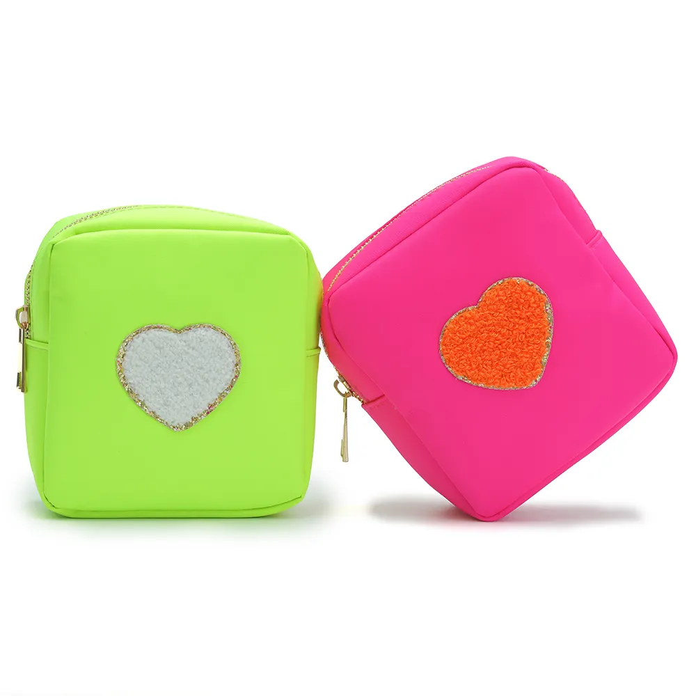 stock New candy color nylon pouch cosmetic bag can be customized with Glittering heart Chenille letter patches pouch