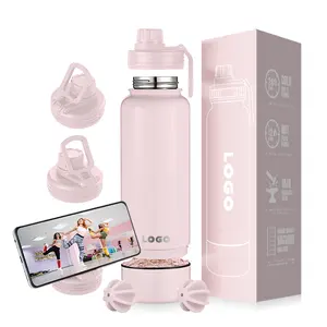 Garrafa de água com logotipo personalizado e garrafa de beber colorida, novo design, garrafa agitadora com suporte para celular, armazenamento portein