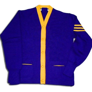 Suéter cárdigan de punto personalizado al por mayor para mujer, estilo universitario, azul y amarillo, con cuello en V, OEM, a rayas, de manga larga - Product Image 1