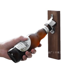 Abridor de botellas de madera, abridor manual rectangular de acero inoxidable para colgar en el lado del refrigerador con soporte magnético para tapas - Product Image 5