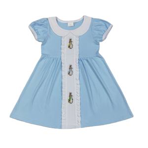 Vestido de Verano para Niña GSD2961 rts, Estampado de Conejo de Pascua Azul, Manga Corta, Vestido al por Mayor - Product Image 1