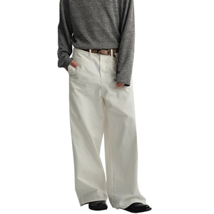 Wholesale OEM Service Classic 100% Cotton <b>White</b> Denim Unisex Style Straight <b>Jeans</b> Fashion 3D Whisker Zipper Fly Baggy <b>Men</b> <b>Jeans</b> - Product Image 4