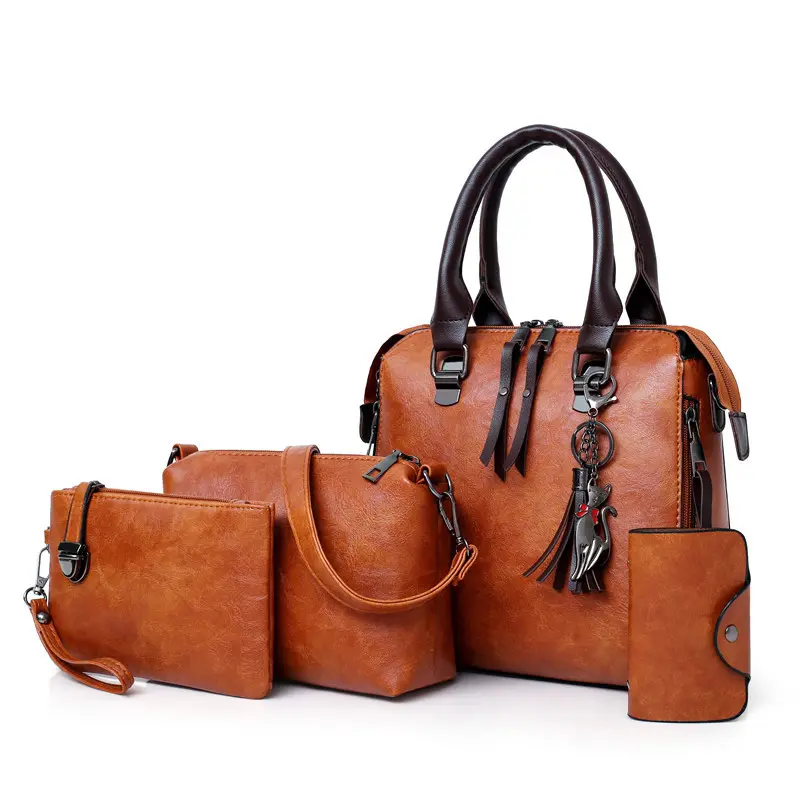 "Luxury Premium Vintage PU Leather Bag Straps Shoulder Crossbody Handbag Sets 4 Pieces Set with Cat and Tassel "