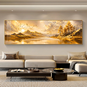 Grande Décoration Murale Paysage Montagne Lagon au Lever du Soleil Doré, Peinture sur Porcelaine Cristalline, Cadre en Alliage d'Aluminium, Art Mural pour Maison et Hôtel - Product Image 3