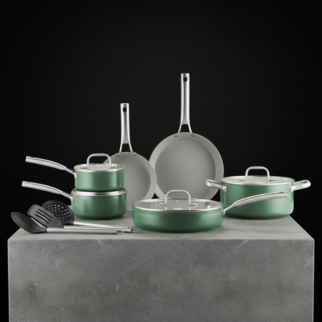 13pcs Green Ceramic Nonstick Cookware Set, BPA-Free Induction Pots & Pans with Utensils, Popular for US Home Kitchen