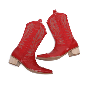 <span class=keywords><strong>Botas</strong></span> Vaqueras Country Western NA651 para Mujer, Zapatos de Cuero Talla Grande 45, <span class=keywords><strong>Botas</strong></span> Bordadas Rojas a Media Pantorrilla - Product Image 6