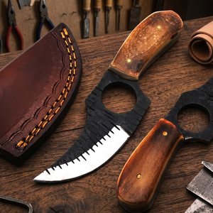 Cuchillo de caza con hoja de acero de alto carbono de punta recta dentada, mango de acero, funda de hueso, OEM personalizado, 1 hoja incluida - Product Image 3