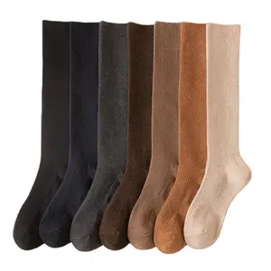 Calcetines de pierna delgados personalizados de primavera y otoño para mujer, medias de compresión de barril largo a rayas de color sólido antideslizantes de estilo universitario