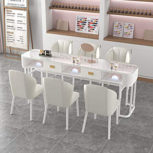 Mesa de salón de uñas de lujo moderna blanca para dos o tres personas <span class=keywords><strong>Escritorio</strong></span> de uñas de material de madera con cajón para salones de belleza - Product Image 1