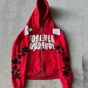 OEM Cotton Stringless Red Oversized Thick Heavy Weight Hoodies Custom Logo Zipper Embroidery Patches Streetwear Hoodies For Men