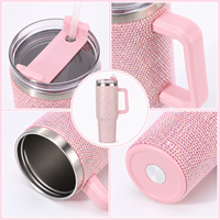 Gobelet isotherme 40oz en acier inoxydable à double paroi, orné de strass, avec poignée et paille, personnalisable avec logo, idéal comme cadeau
