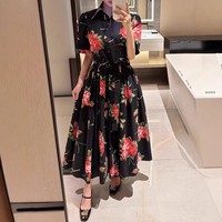 Robe d'été élégante vintage pour femme, imprimé rétro, col rabattu, taille à cordon, manches courtes à volants