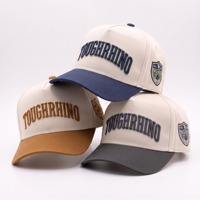 Casquette de baseball brodée 3D personnalisée, bicolore crème et marine, 5 panneaux structurés, logo sur patch latéral, casquettes de sport OEM ODM
