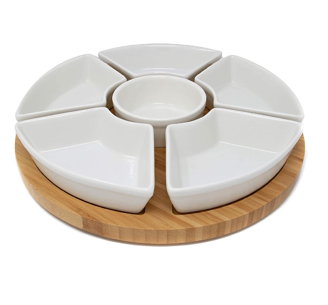 新品 Lazy Susan 回転トレイ バンブー セラミック皿6枚 Bamboo Rotating Dip Set - Lazy Susan Turntable with 6 Ceramic Dishes