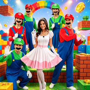 Disfraz de Halloween para Parejas Adultas RTS, Vestido de <span class=keywords><strong>Princesa</strong></span> Peach y Conjunto de Ropa de Fontanero, Disfraz Retro de Videojuego para Fiesta - Product Image 2