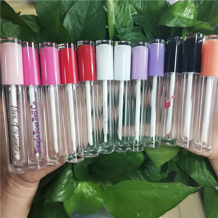 Sıcak satış 5ml plastik yuvarlak pembe üst temizle lipgloss tüp kalın duvar dudak parlatıcı kutusu ile ambalaj değneklerini