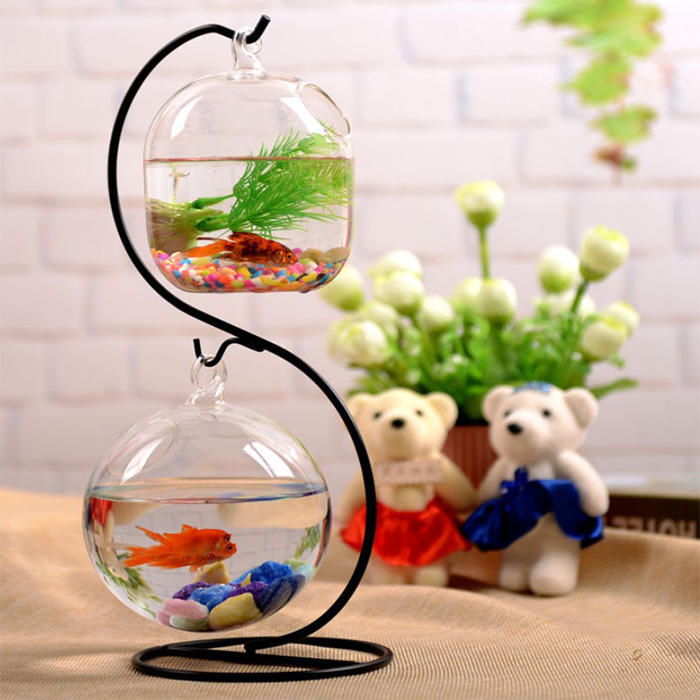 Small Hanging Glass Betta Fish Bowl with Stand for Desk Decoration