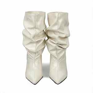 Women‘s Oversized Wide Calf Slouch Boots 7.5CM Sculptural Wedge Heel Pointed Toe Stone PU Ankle Booties Black Wine Brown White - Product Image 6