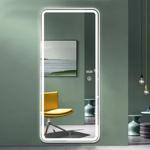 2021Wholesale Wall Large Mirror Metal Frame Full Length Dressing Mirror With LED Light Time Display Espejo