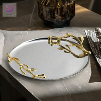 Plateau Métal Miroir Rond de Luxe Avec Poignée Dorée, Plateau de Rangement pour Clés, Desserts, Snacks, Fruits pour Hôtel, Cuisine, Table, Décoration Maison