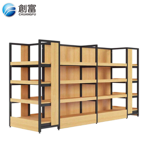 Sistema di Scaffalature Gondola Bifacciale in Ferro e Legno per Carichi Pesanti, Espositore Durevole Anticorrosione per Supermercati e Negozi di Alimentari - Product Image 1