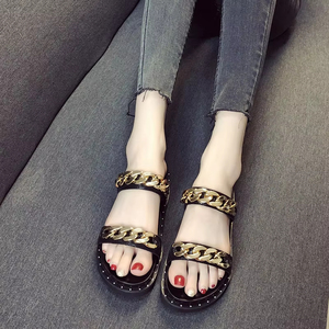 Sandales de plage d'été pour femmes, double bande, chaîne dorée, rivets, tongs rétro, grandes tailles - Product Image 1