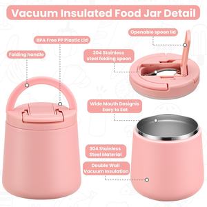 Bocal alimentaire isotherme sous vide de 20 oz avec couvercle à boucle, thermos à soupe pour aliments chauds pour enfants, récipient à lunch en acier inoxydable à large ouverture anti-fuite avec cuillère - Product Image 2